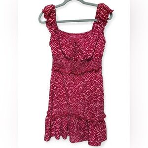 Red/Burgundy Polka Dot Mini Dress – Sweetheart Neckline, Ruffle Sleeves, Medium